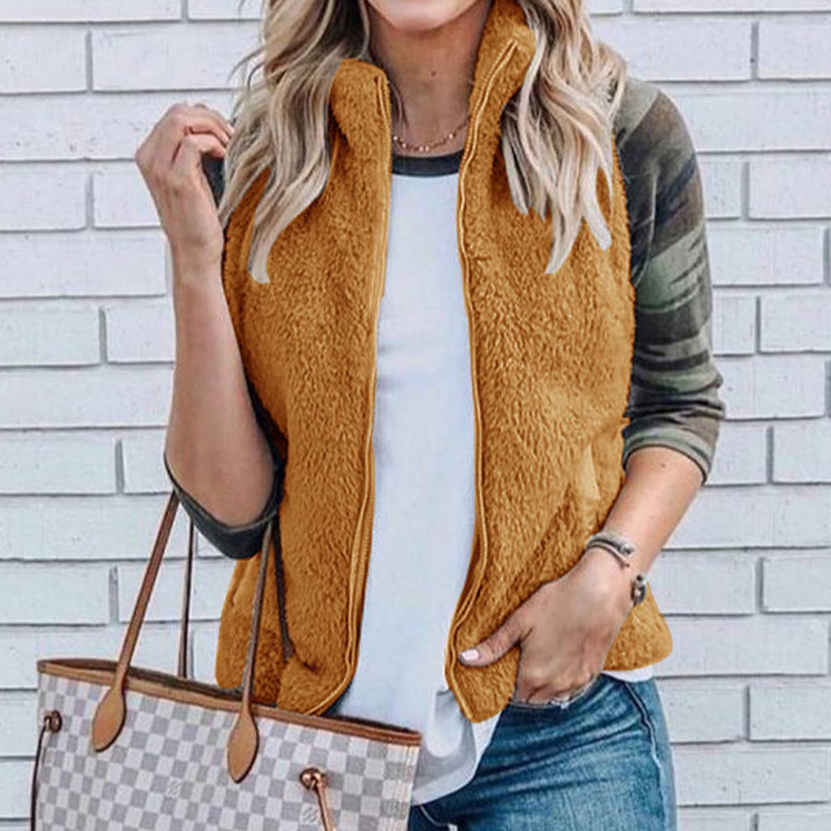 SOLID COLOR FLEECE VEST CARDIGAN ZIPPER COAT