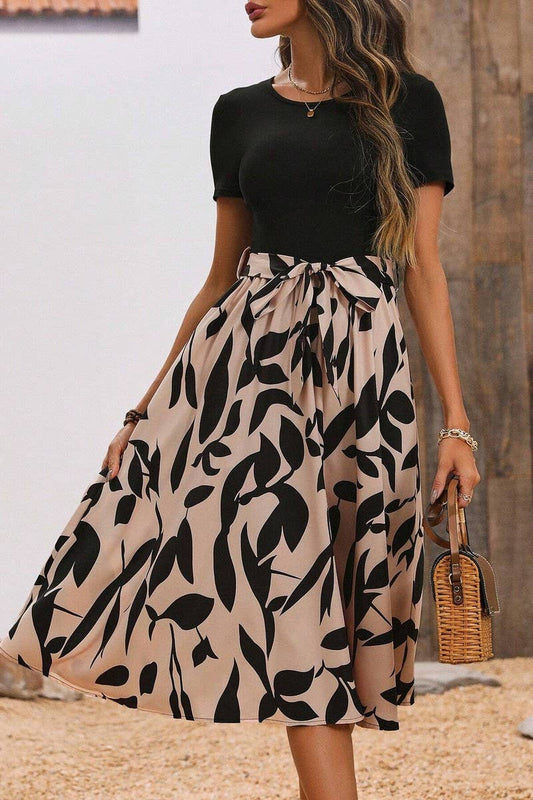 CWDMD4425_PRINTED PATCHWORK SHORT-SLEEVED DRESS