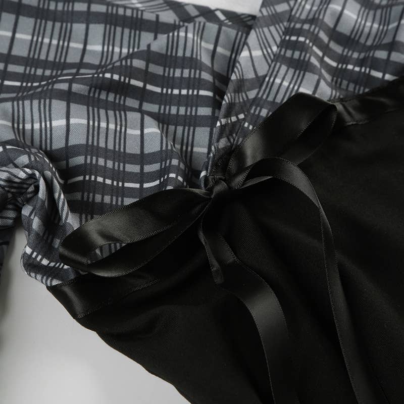 V-neck bow lace-up plaid color patchwork T-shirt