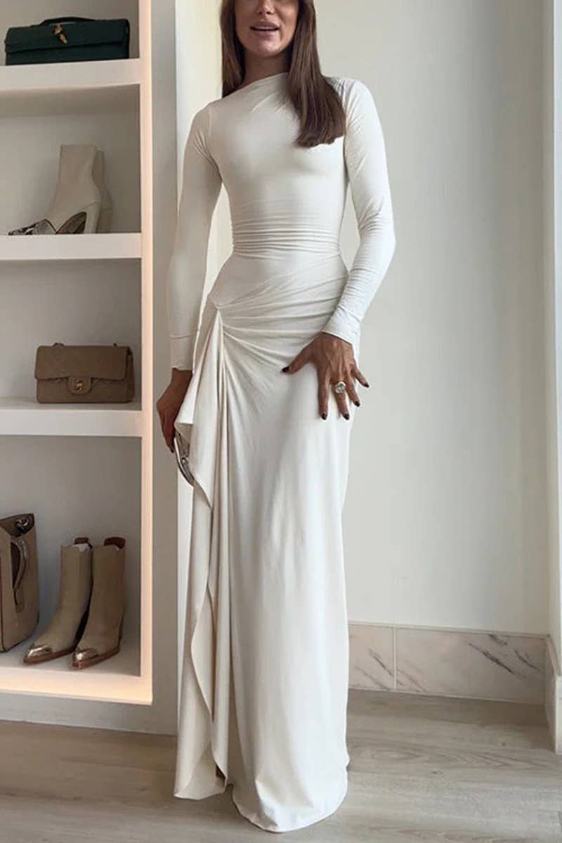 LONG SLEEVE SOLID COLOR IRREGULAR SHEATH DRESS