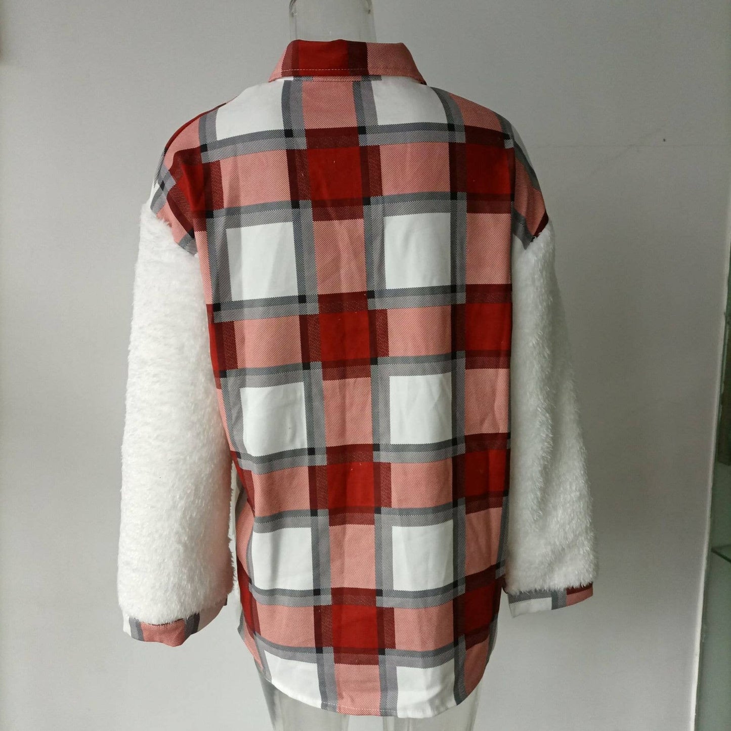 LAPEL LEOPARD PLAID PRINT FLEECE PATCHWORK COAT