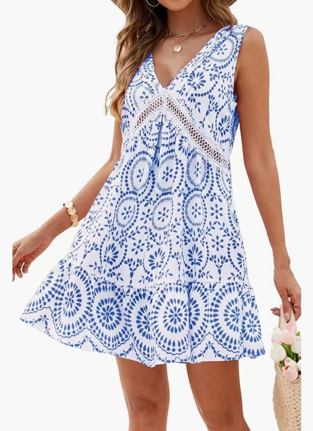 Elegant printed lace V-neck sleeveless dress