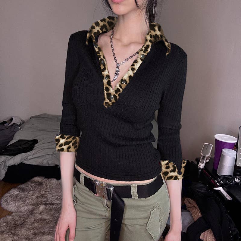 LEOPARD PATCHWORK V-NECK COLOR CONTRAST T-SHIRT