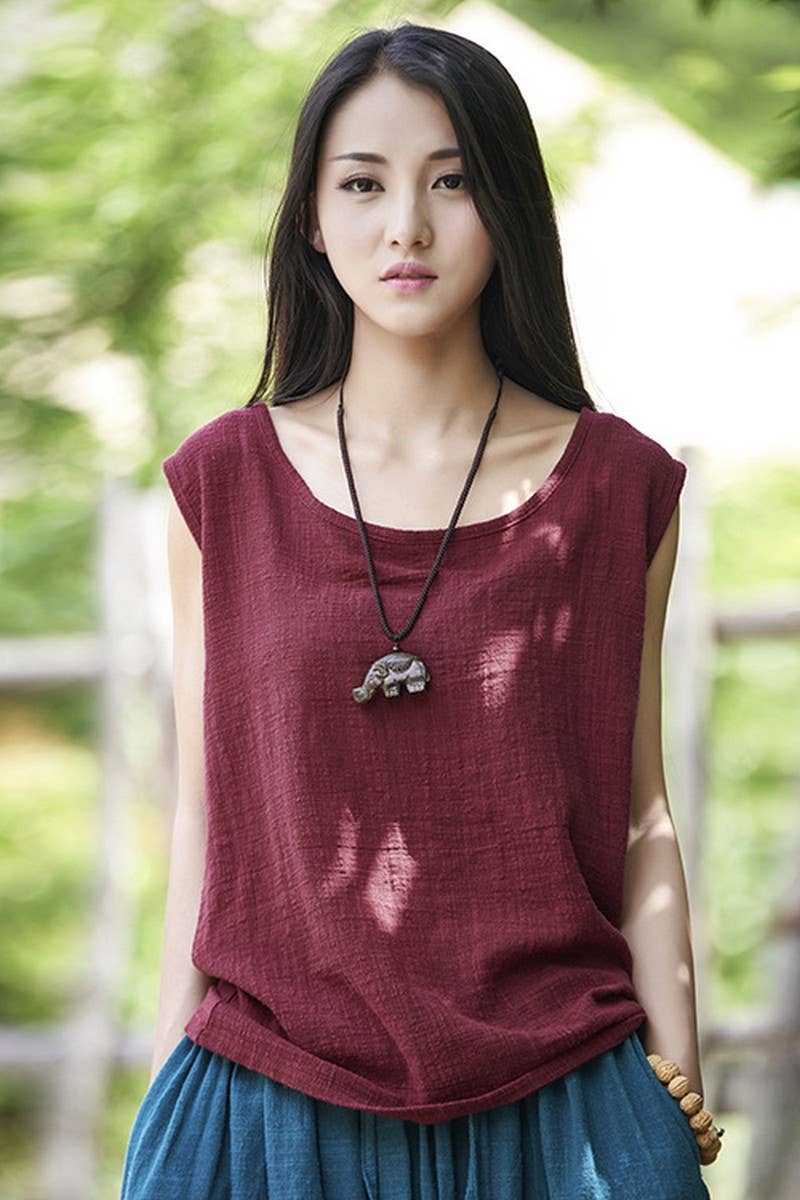 Cwtblsl0565_Loose Cotton And Linen Sleeveless Vest