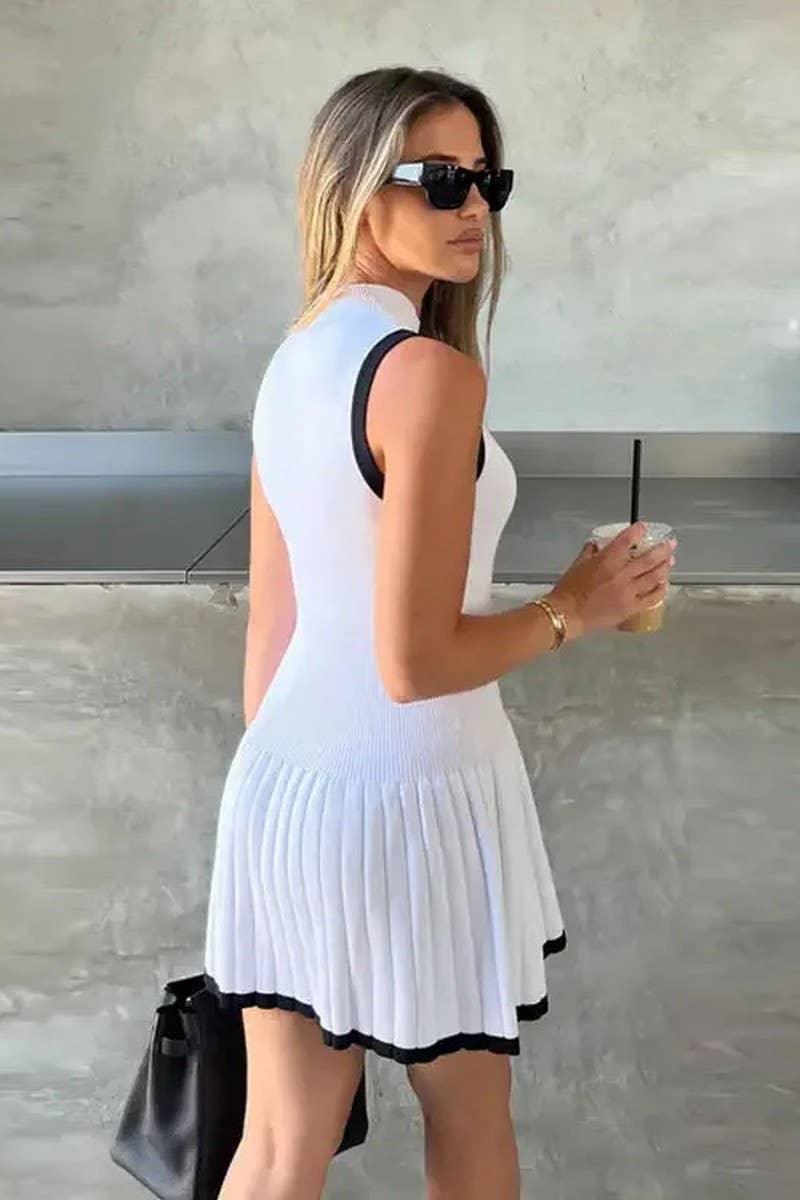 CWDSD6609_CREW NECK RUFFLED A-LINE KNIT MINI DRESS