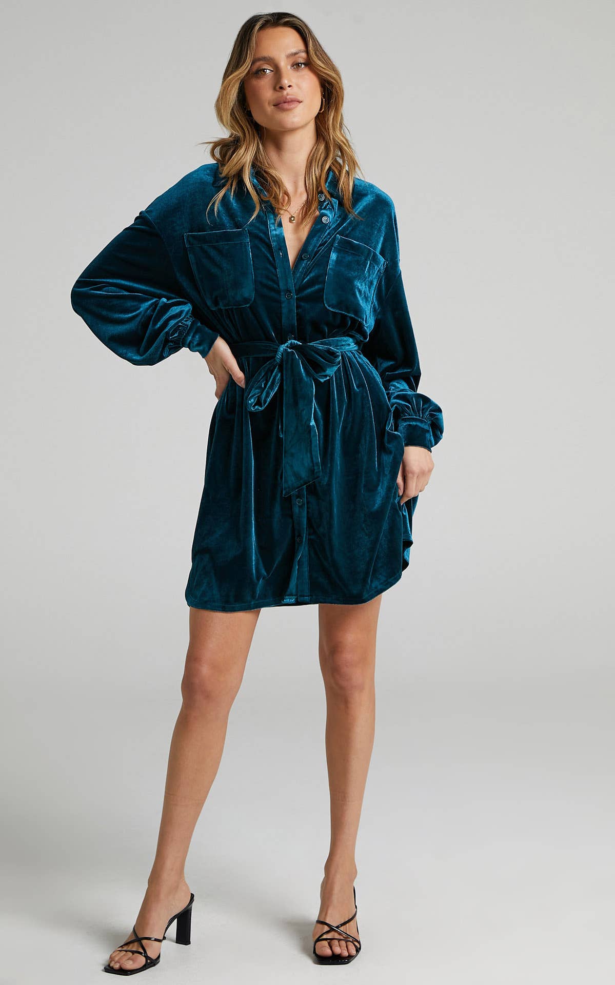 LONG SHIRT DRESS WITH LANTERN SLEEVES IN CANARY