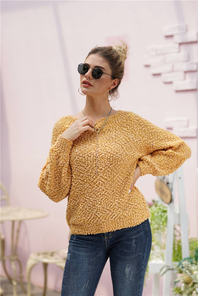 LINE NECK LONG SLEEVE SOLID PULLOVER SWEATER