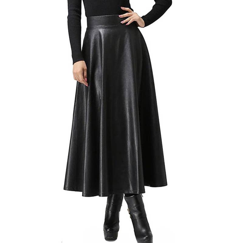 HIGH WAIST PU LEATHER LONG SKIRT WITH BIG SWING