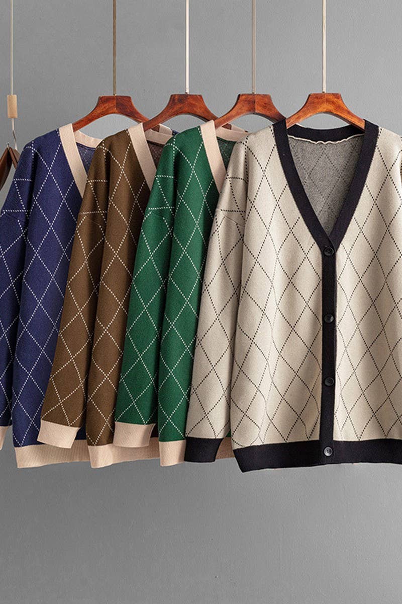 CWOCAL00676_V NECK LOOSE BUTTON PLAID KNIT CARDIGAN