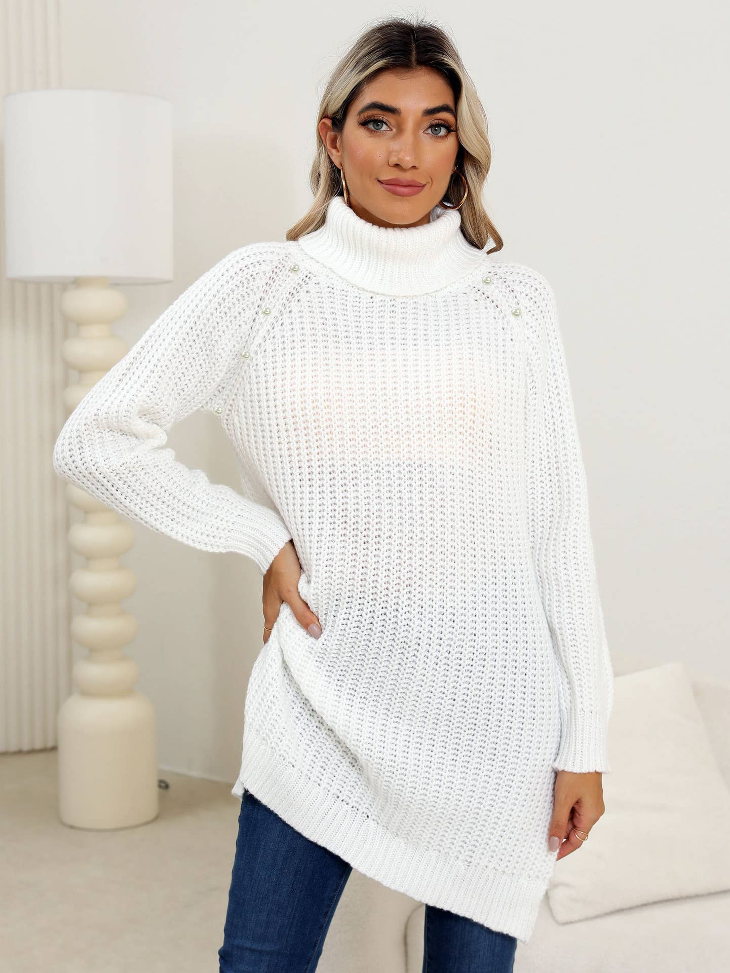 PEARL TURTLENECK STUDDED BEAD SLIT DRESS