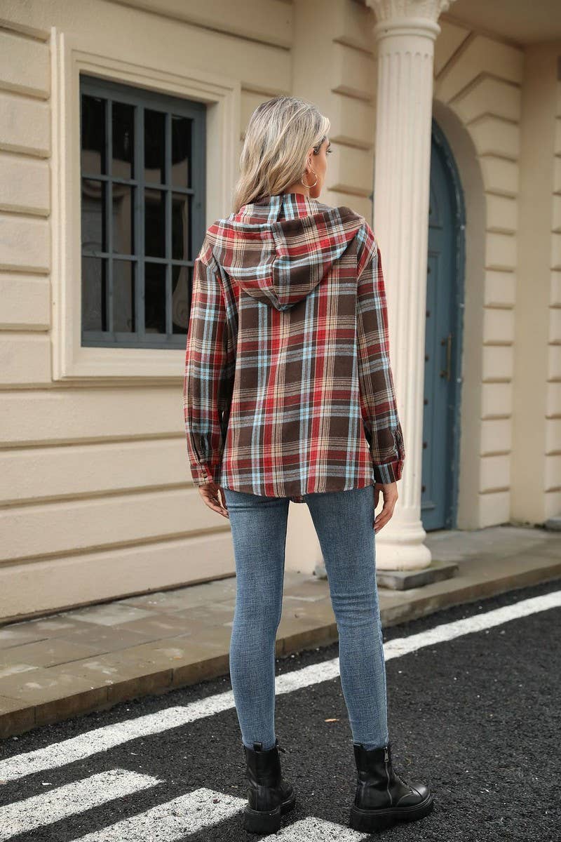 CWOHOL00663_PLAID DRAWSTRING HOODED LOOSE SWEATSHIRT