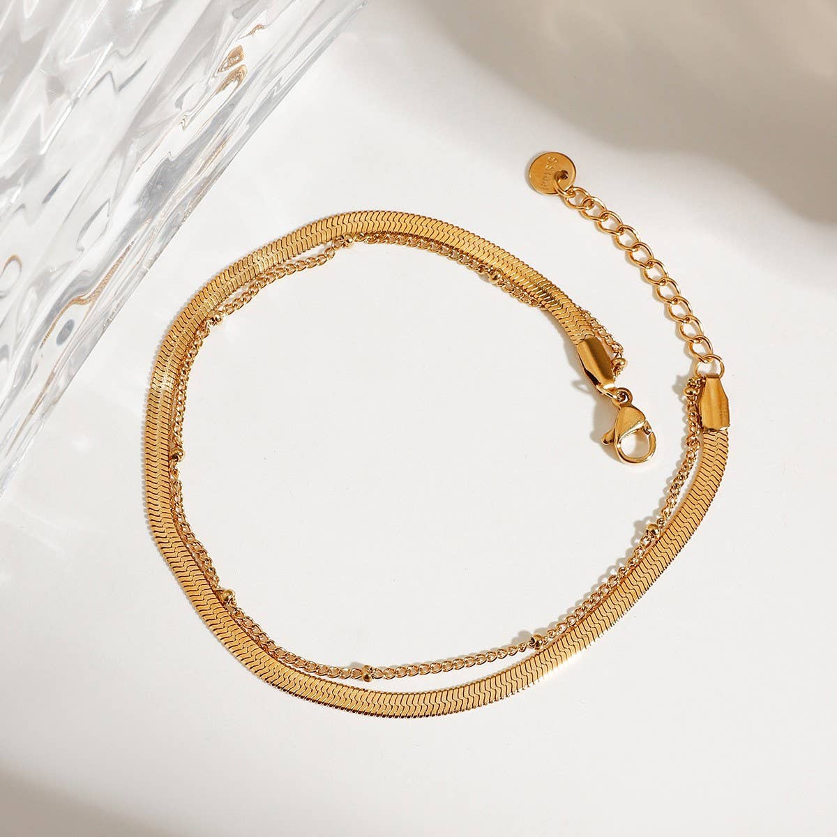 18K Gold Blade & Bead Double Layer Anklet_CWAJE4749