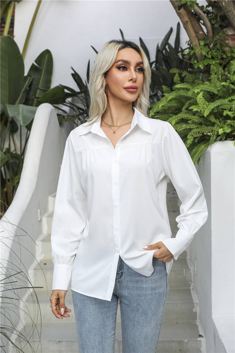 Lantern-sleeve pleated stand collar loose shirt