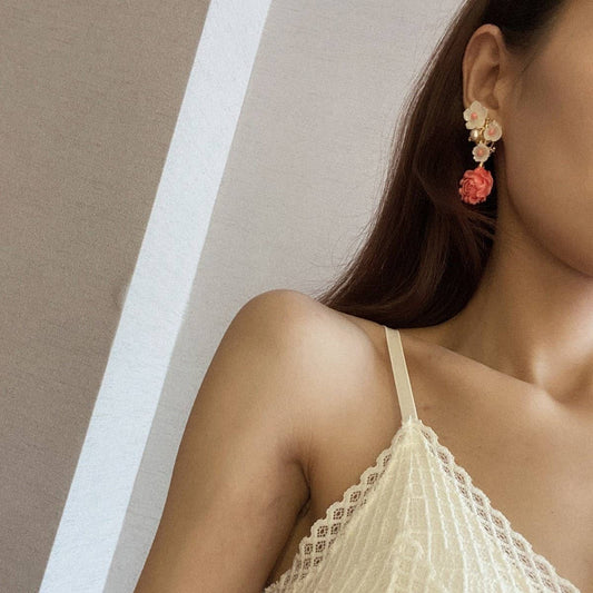 HIGH-END VINTAGE PEARL CORAL FLOWER EARRINGS