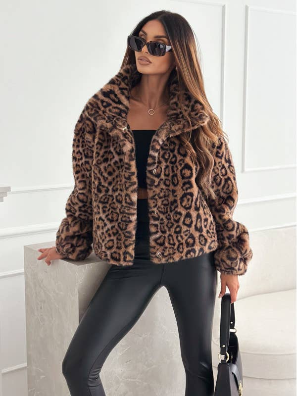 Fashion leopard print long-sleeved furry coat