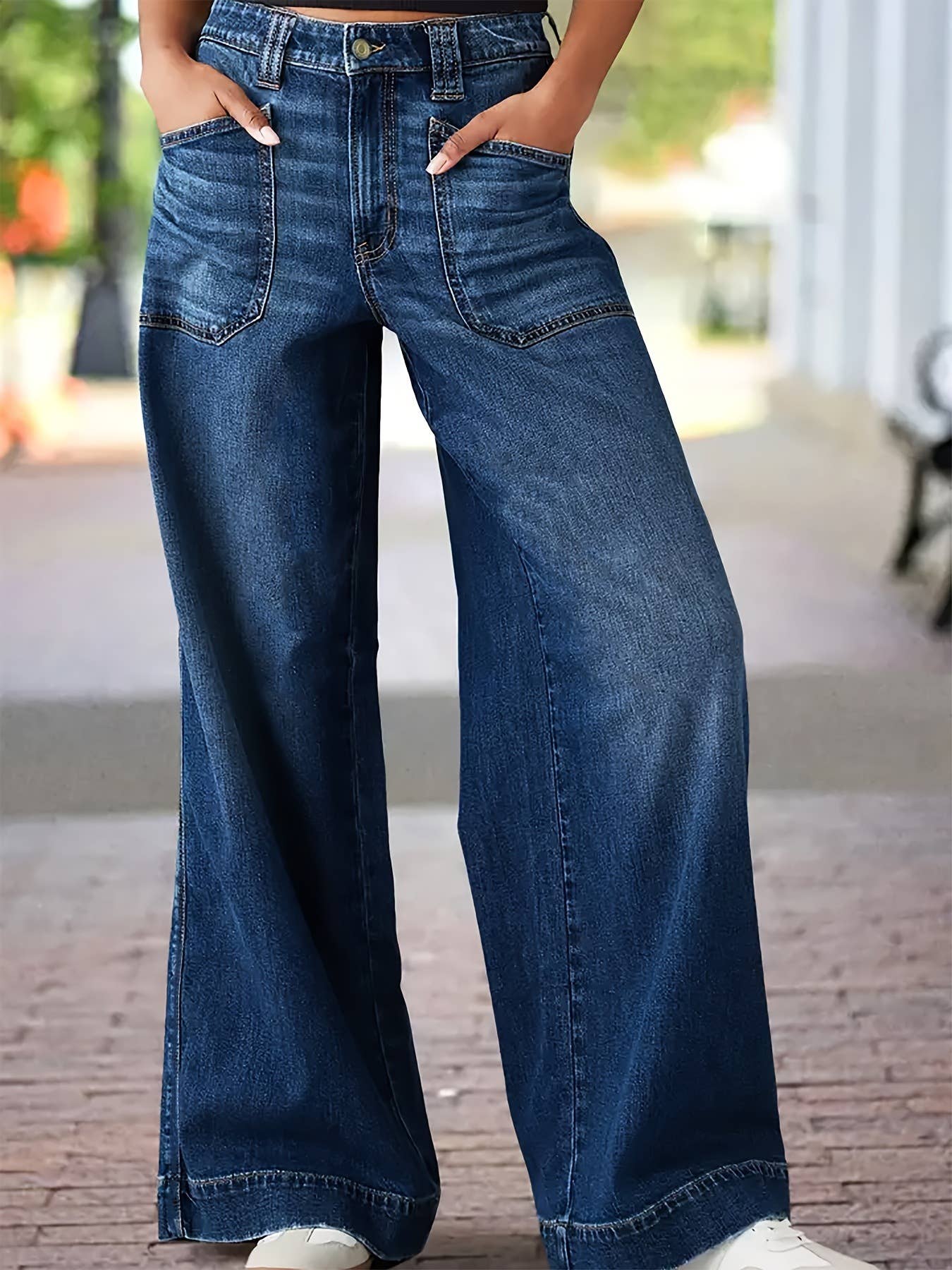 Stretchy casual wide-leg washed fashionable jeans