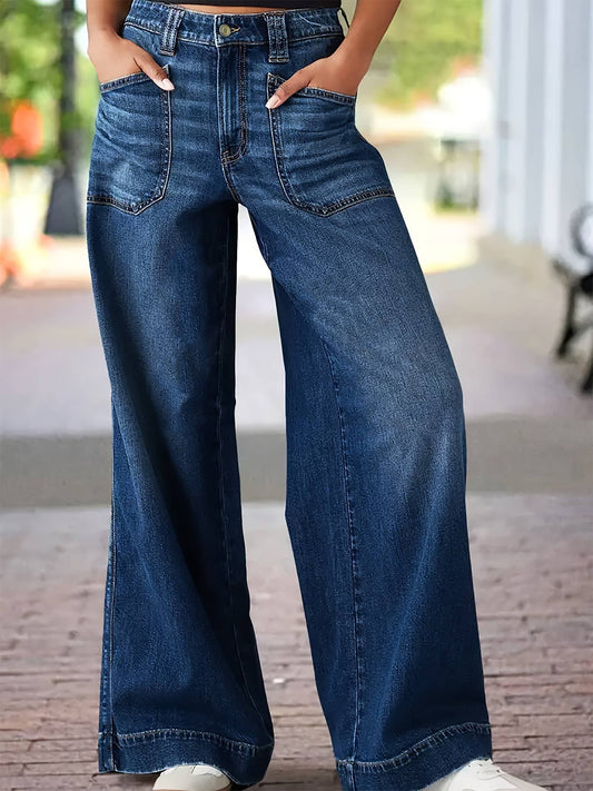 Stretchy casual wide-leg washed fashionable jeans