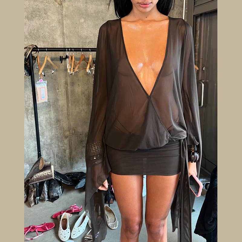 Sexy V-Neck Sheer Backless Strap Bodycon Skirt