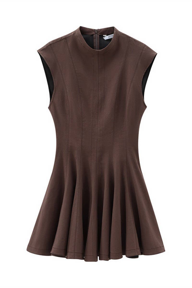 CWDSD6644_ROUND NECK SLEEVELESS SHORT PLEATED DRESS