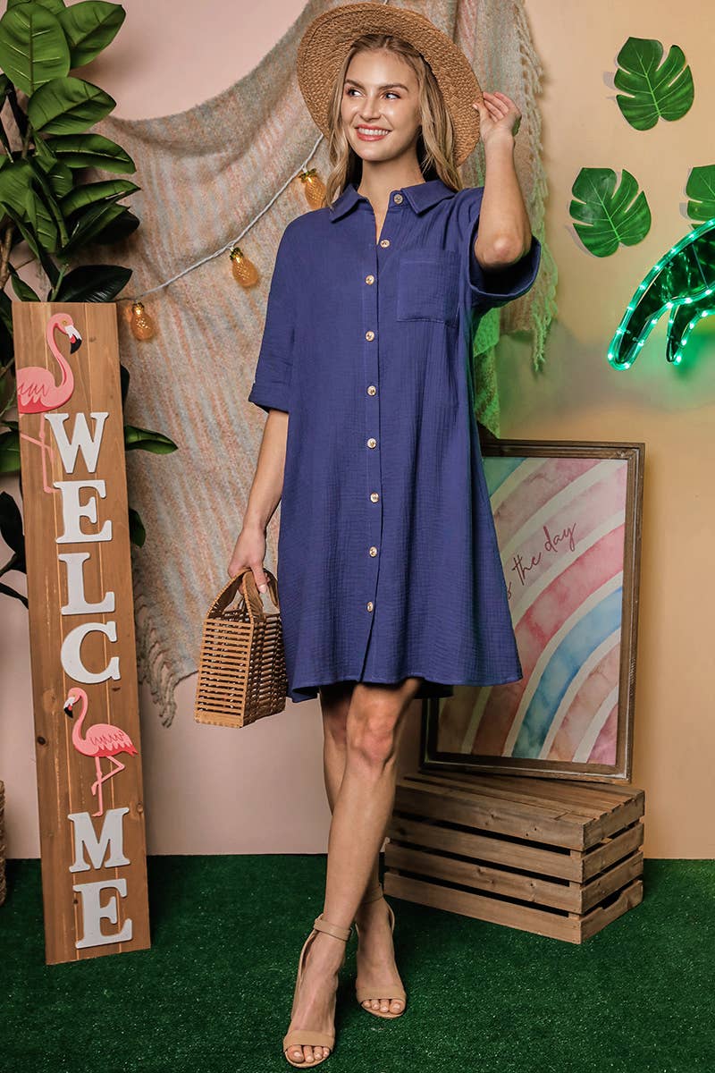 CWDSD10407_SHORT SLEEVE BUTTON DOWN MINI SHIRTS DRESS