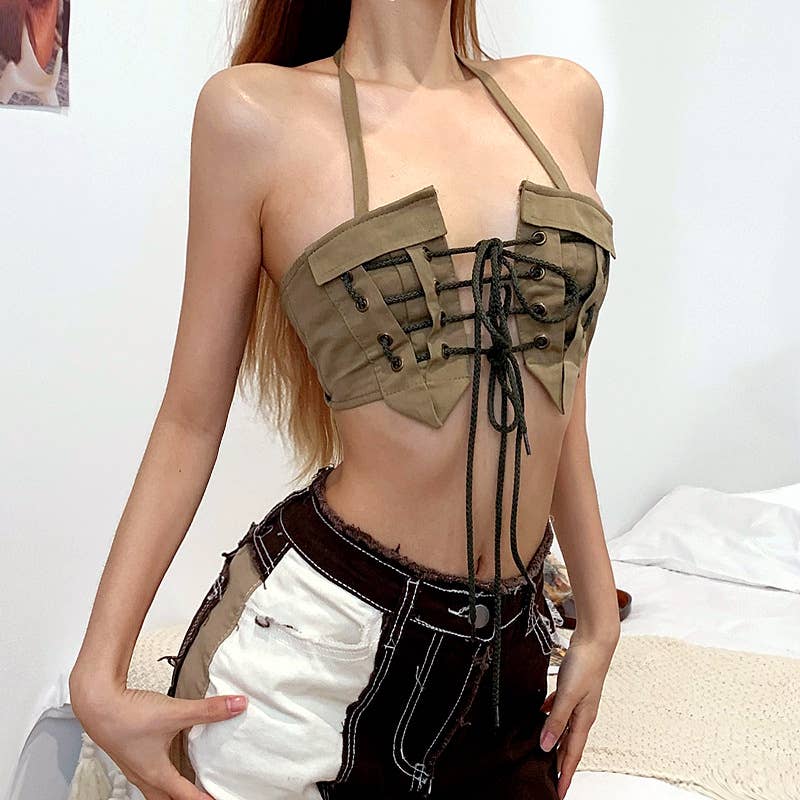 Sexy Y2K Halter Lace-Up Cutout Crop Tank Top