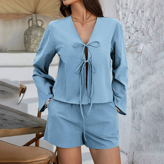 Lace-up cardigan shorts casual solid color suit