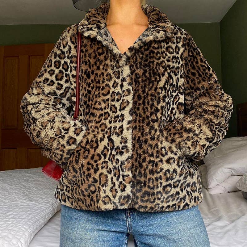 LEOPARD PRINT FUR LAPEL BAGGY VINTAGE ZIP HOODIE