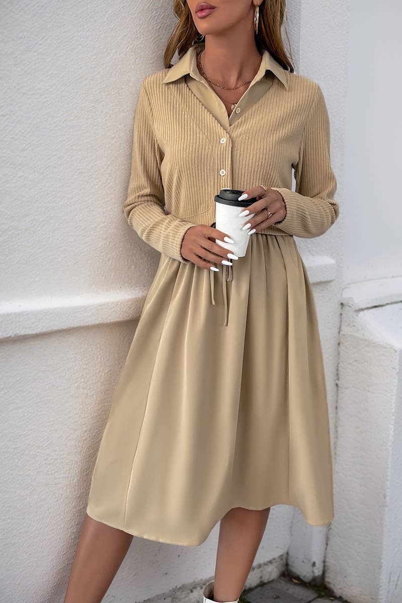 CWDMD4820_SOLID COLOR LAPEL LONG SLEEVE FAKE TWO PIECE DRESS