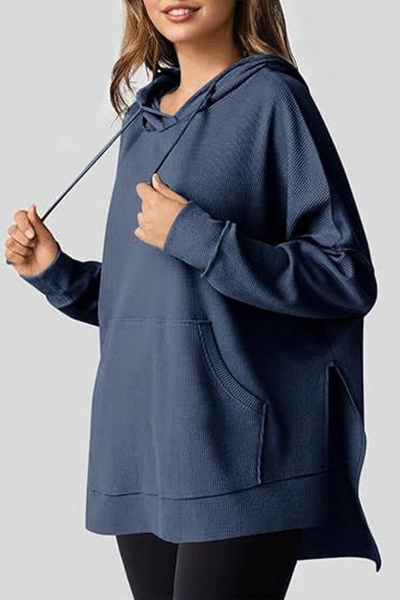 CWOHOL00633_RELAXED WAFFLE KNIT SIDE SLIT HOODED PULLOVER