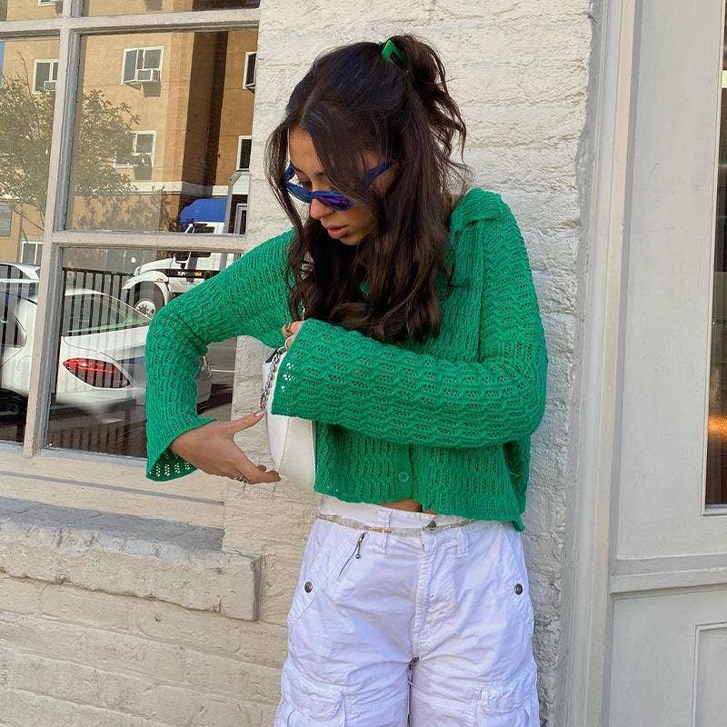 LAPEL HOLLOWED OUT SOLID COLOR BUTTON CARDIGAN