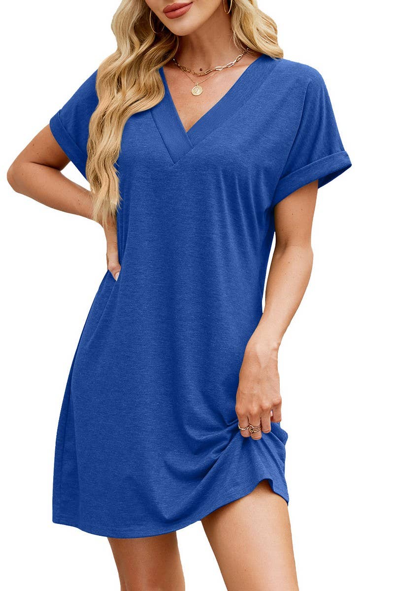 CWDSD7434_SPRING AND SUMMER V-NECK LOOSE SHORT SLEEVED DRESS