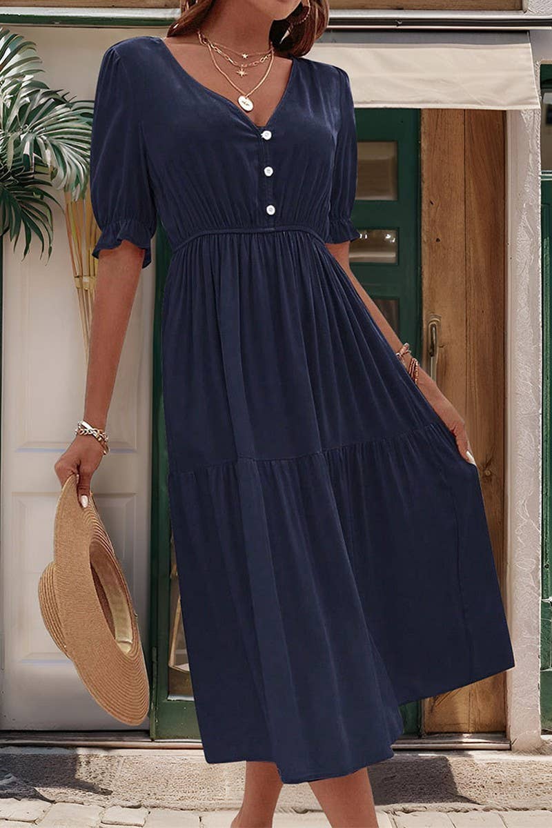 CWDMD2513_WAIST V-NECK SOLID COLOR DRESS