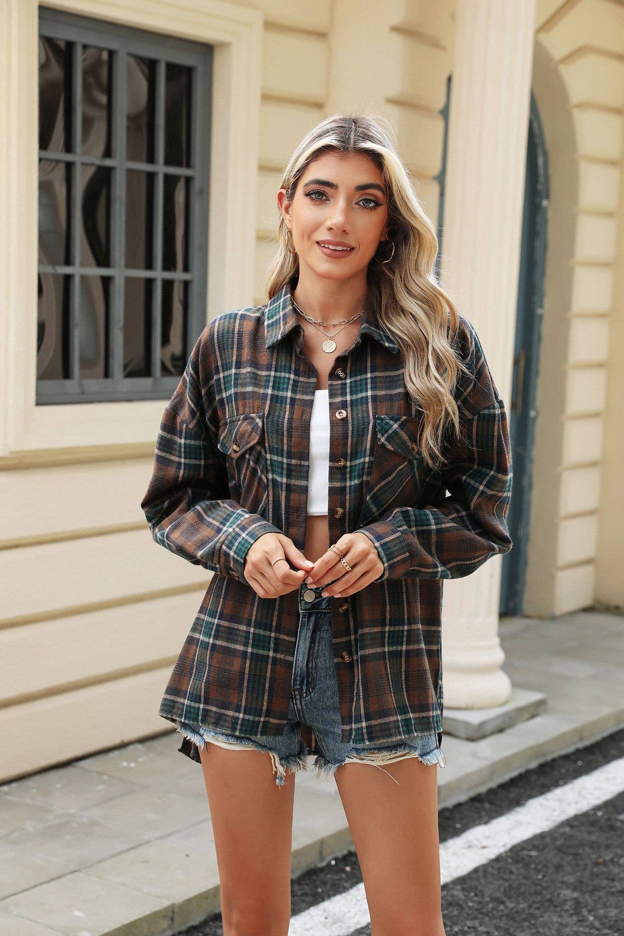 Lapel pocket check loose long-sleeved shirt