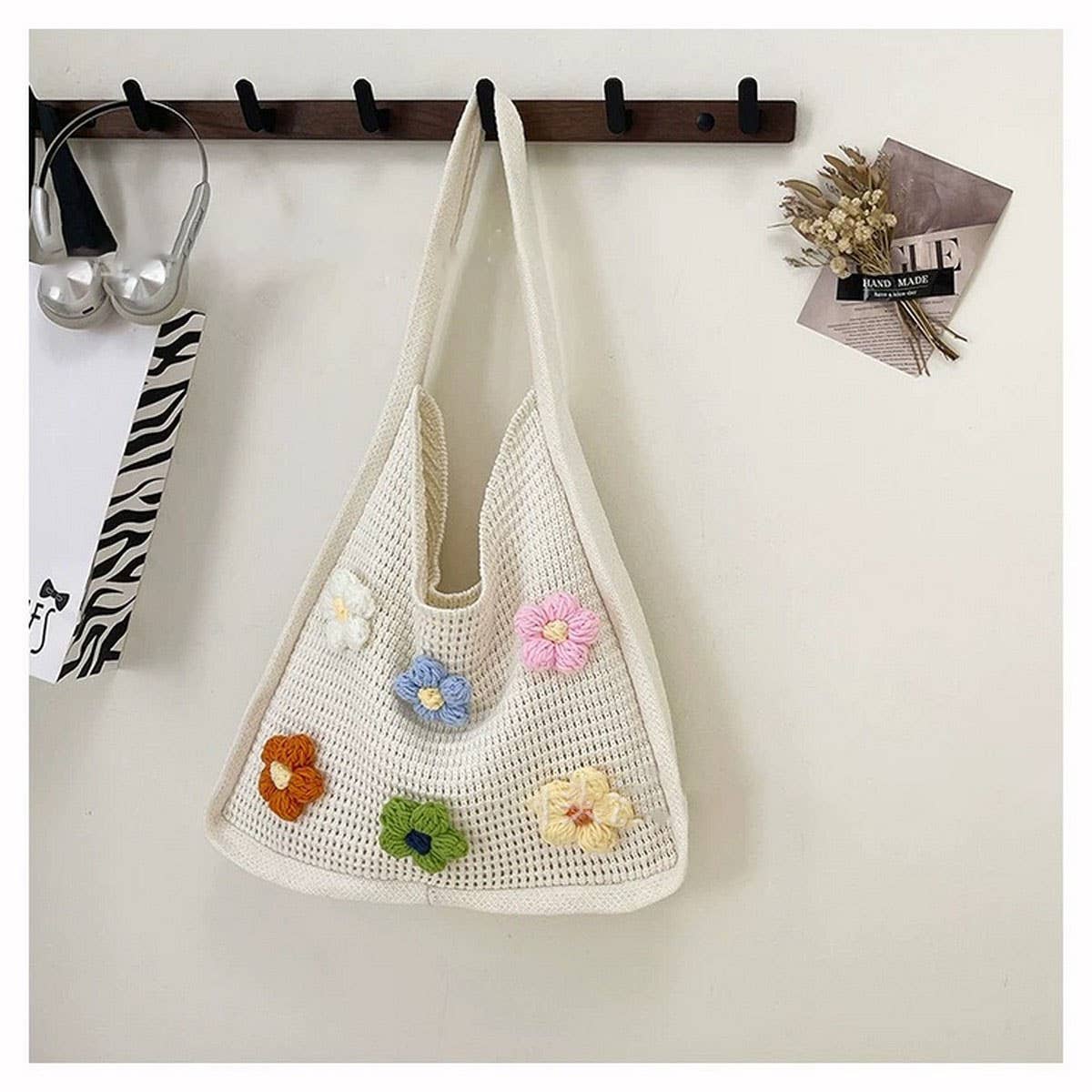 CUAB00624_2025 BOHO KNIT TOTE BAG LARGE CAPACITY FLORAL BAG