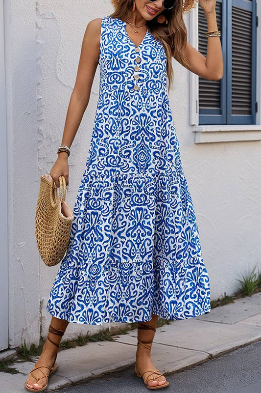 CWDMD4491_V-NECK PRINTED BUTTON SLEEVELESS DRESS