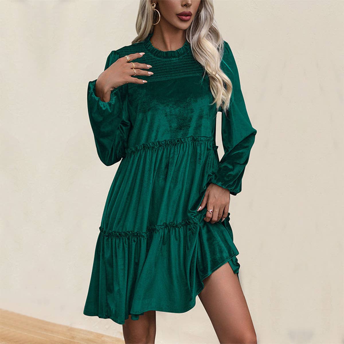 VELVET RUFFLED PATCHWORK PULLOVER DRESS