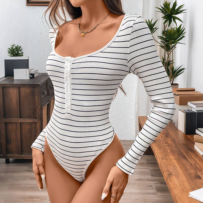 Sexy long-sleeved striped round-neck jumpsuit