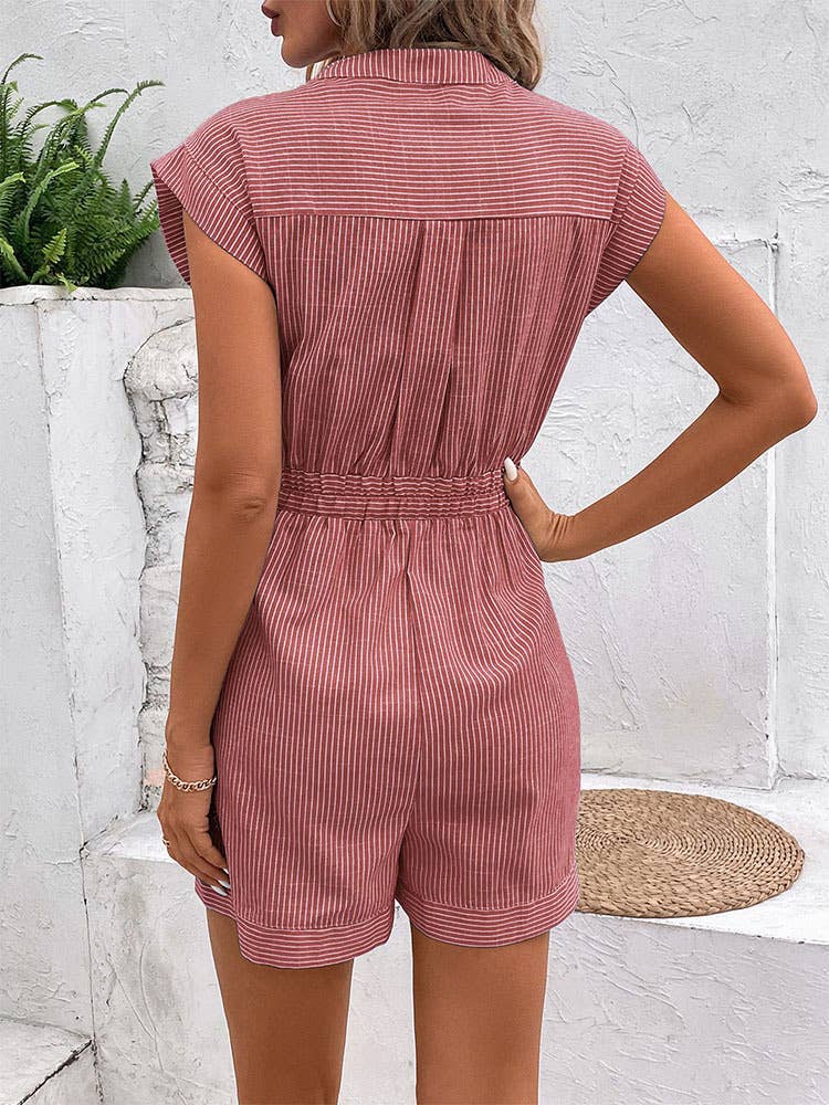 PINSTRIPE LACE-UP SHORT-SLEEVED JUMPSUIT