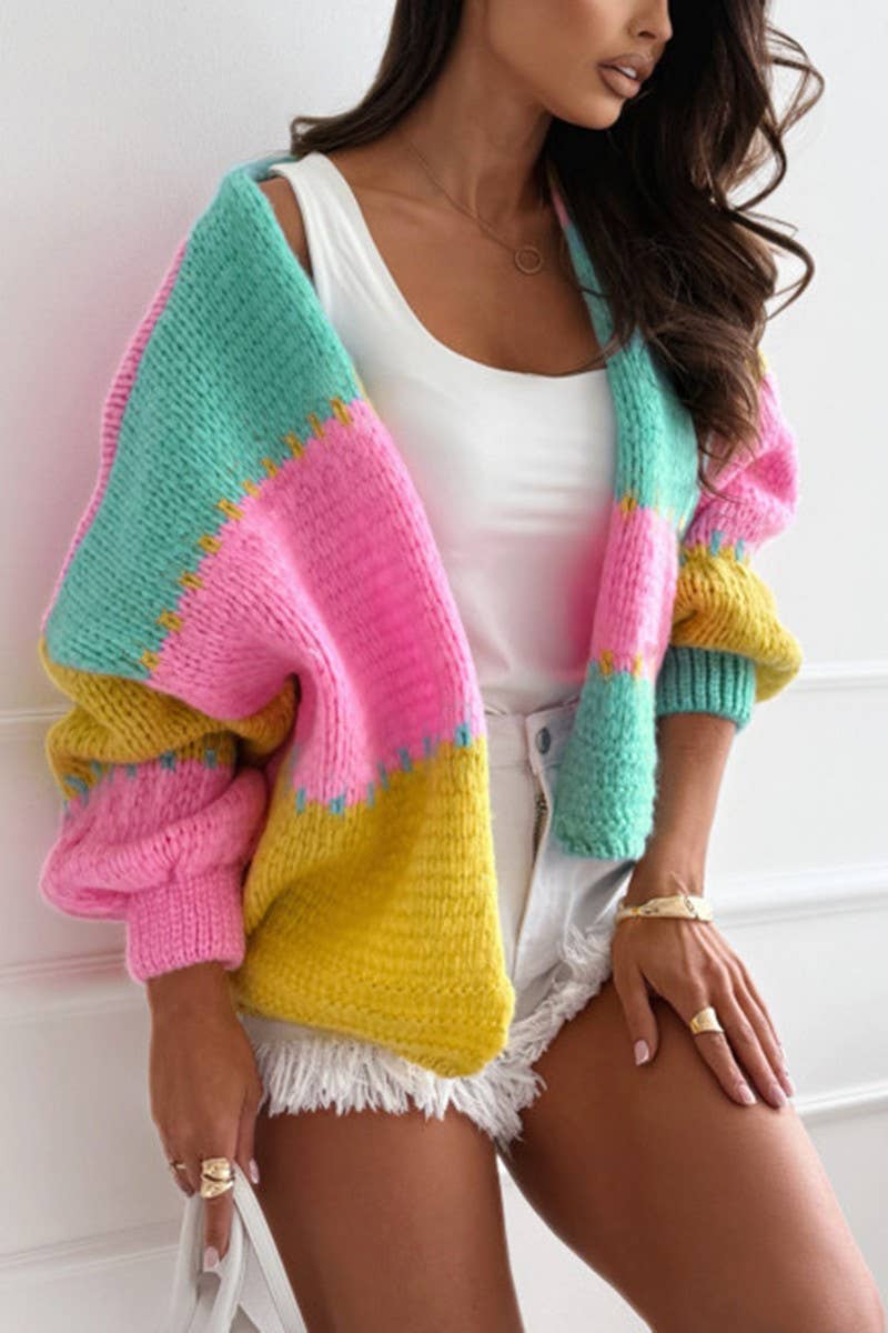 CWOCAL00726_COLORBLOCK LOOSE KNIT CARDIGAN SWEATER