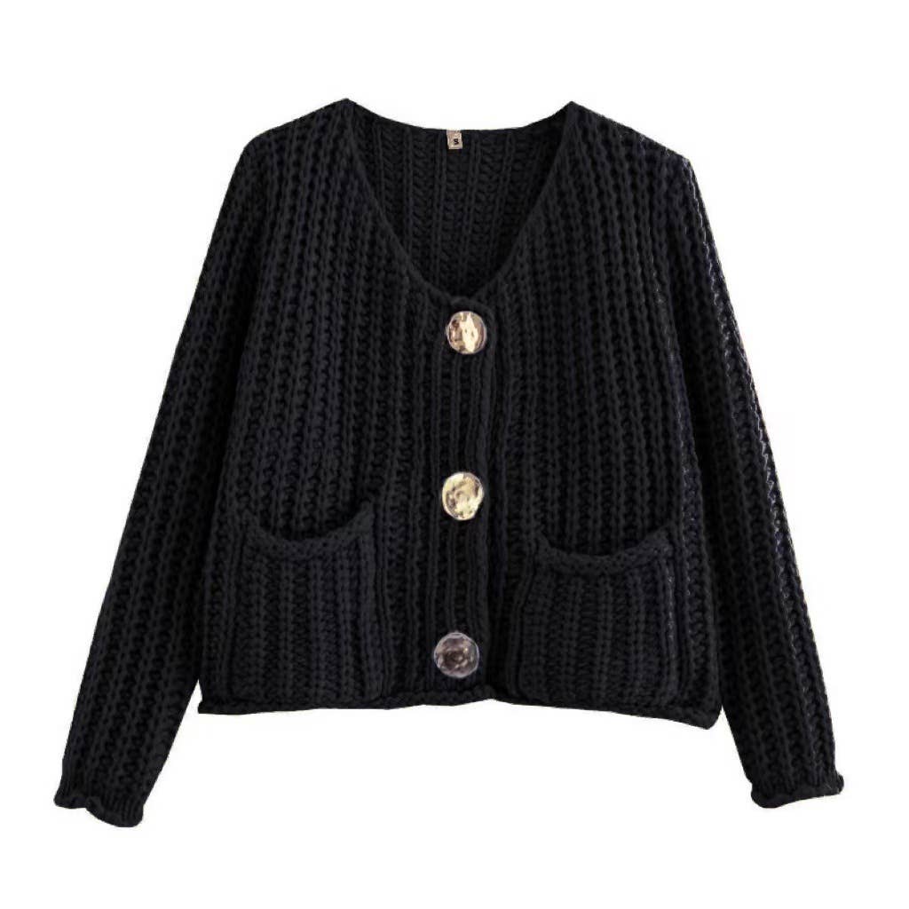 SOLID COLOR SINGLE ROW ROUND BUTTON KNIT CARDIGAN