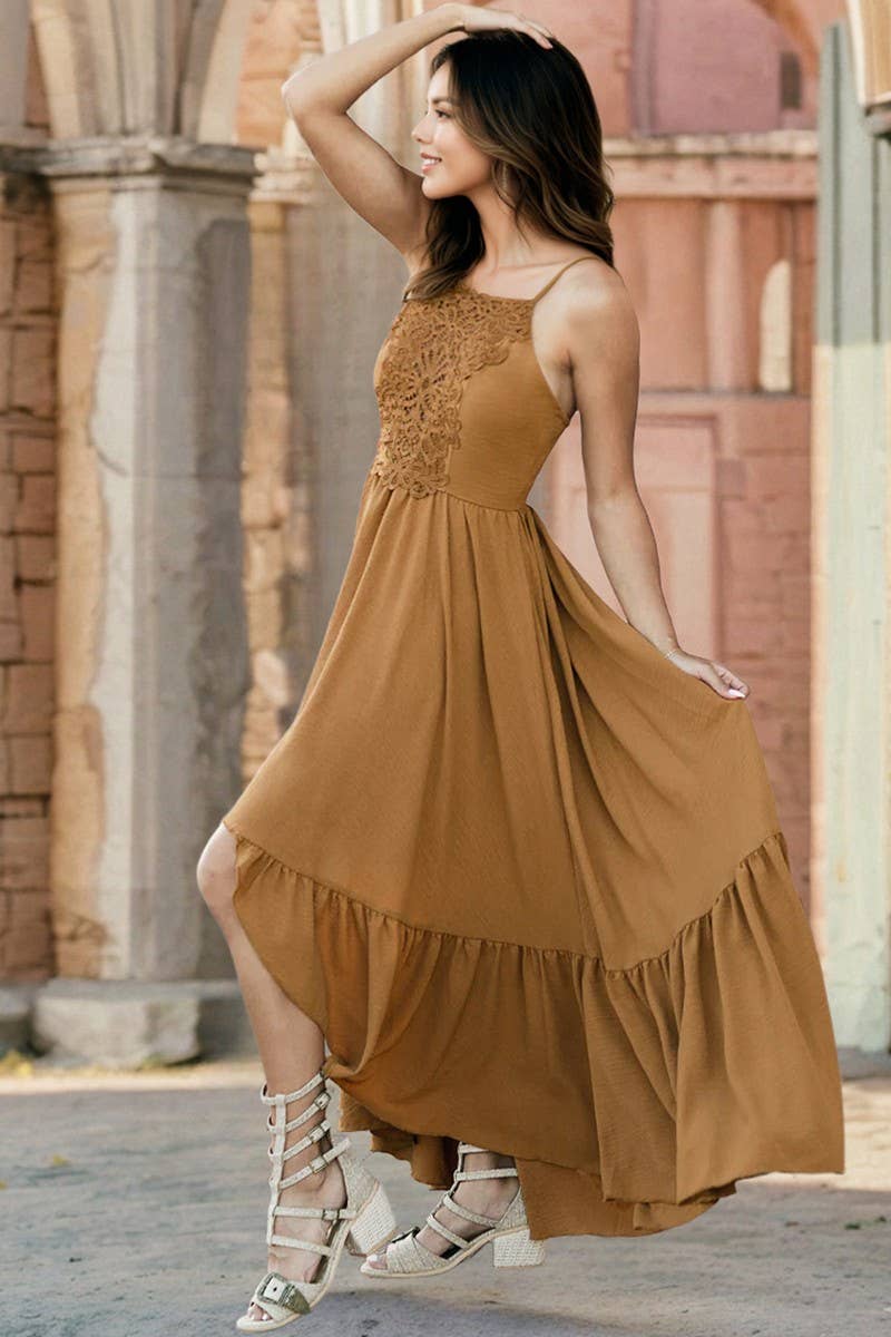 CWDMD6183_LACE TRIM ASYMMETRICAL A-LINE CAMI DRESS