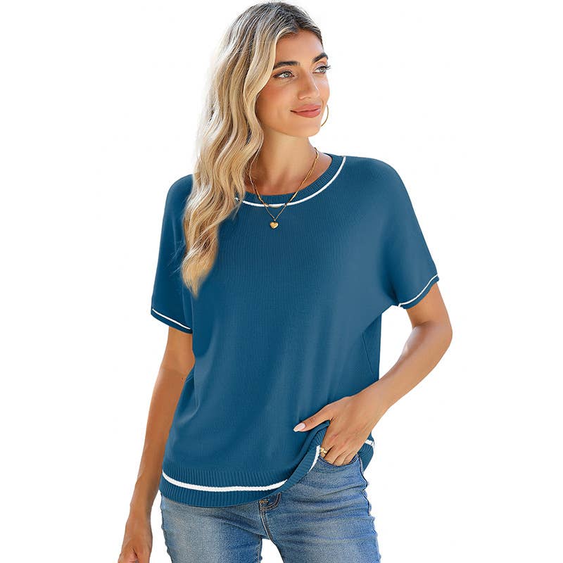 Round-neck,short-sleeved, color-blocked sweater