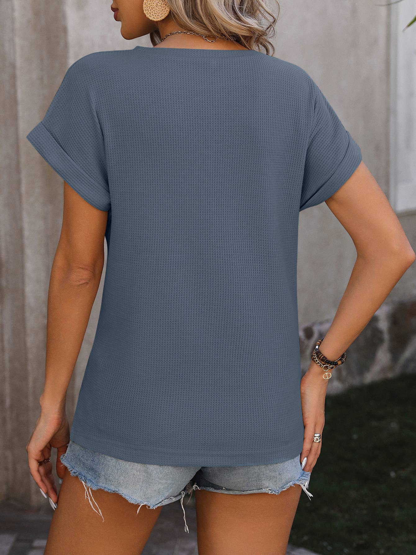 Solid color waffle knot loose short sleeve T-shirt