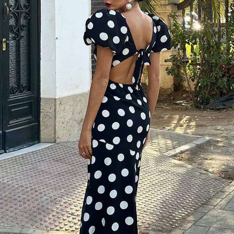 STYLE PRINT PUFFED SLEEVE HALTER LONG DRESS
