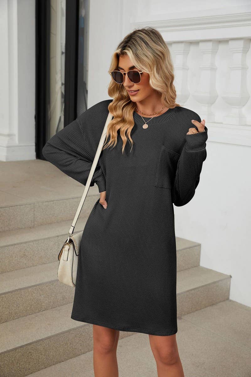 CWDSD5995_ROUND NECK POCKET LOOSE LONG SLEEVE DRESS