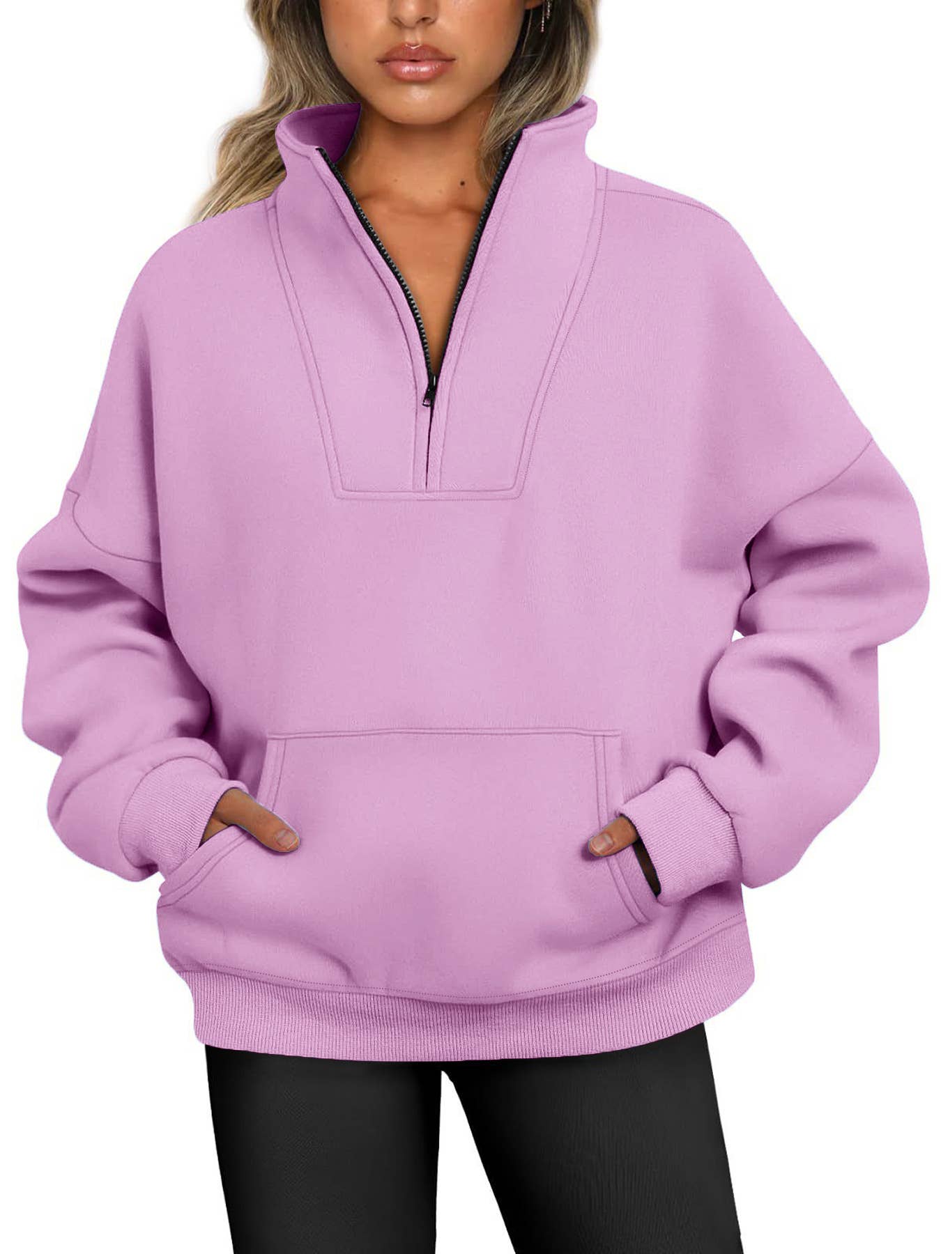 ZIPPER LOOSE STAND COLLAR SOLID COLOR HOODIE