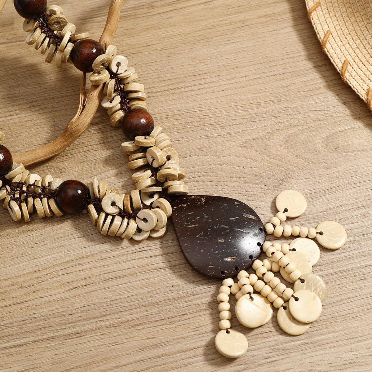 VINTAGE WOODEN BEAD COCONUT SHELL NECKLACE