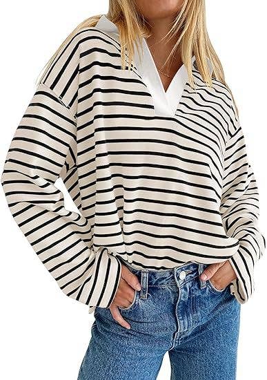 STRIPED V-NECK LOOSE LONG-SLEEVED HOODIE