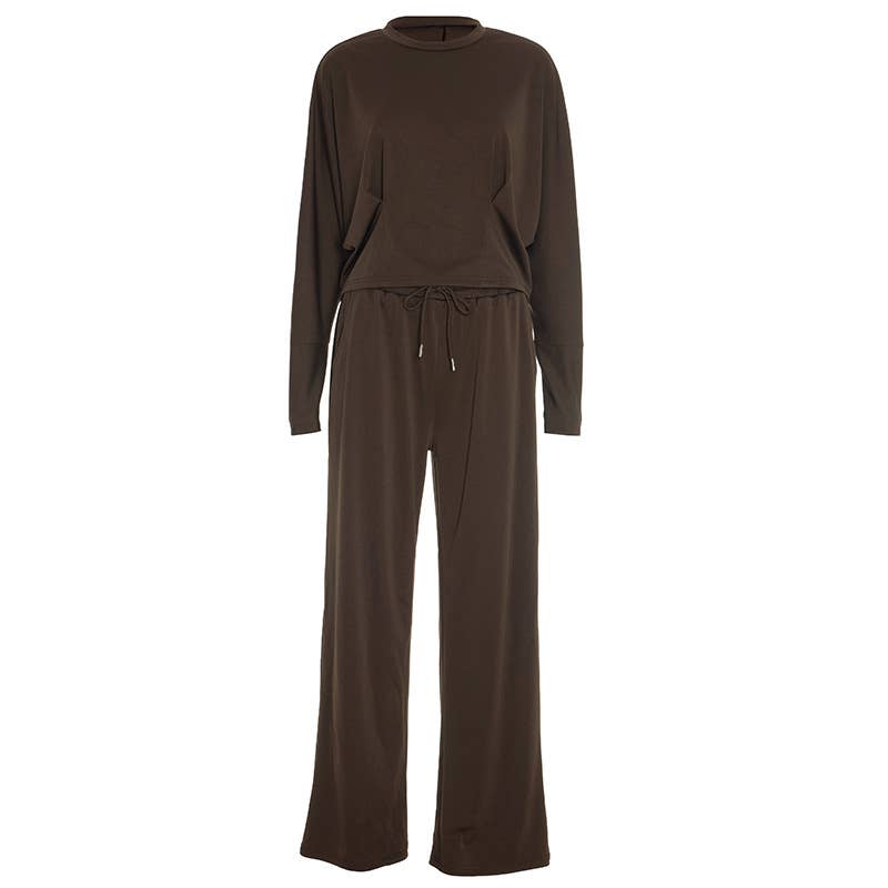 Round-neck straight-leg tie long pants set