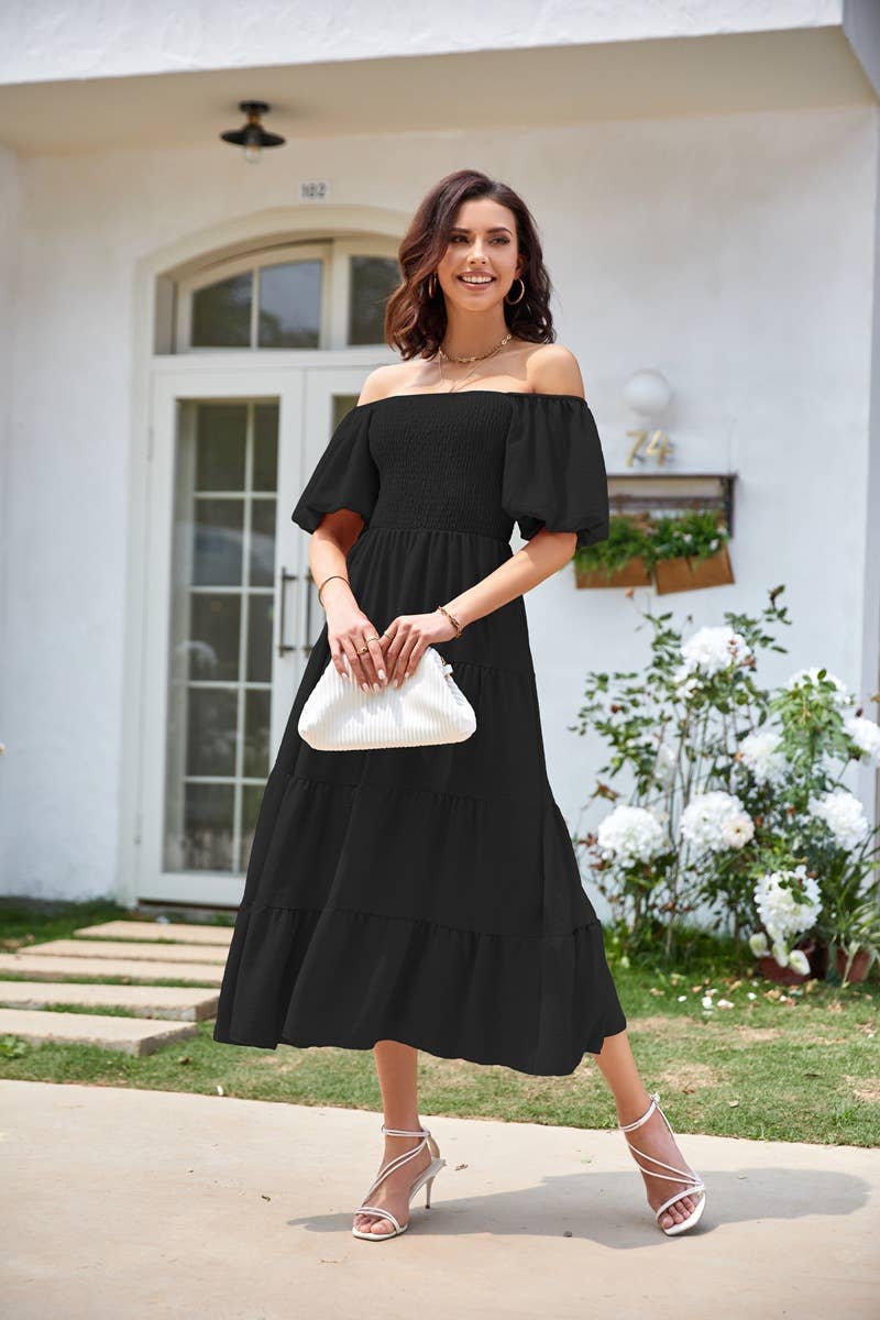 Square neck backless puffy sleeve pleated dress